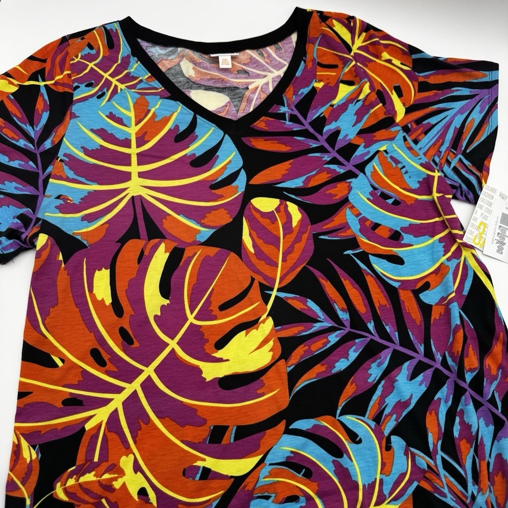 LuLaRoe 3XL Shirt Purple Orange Tropical Hawaiian V-Neck Tee Floral Short Sleeve